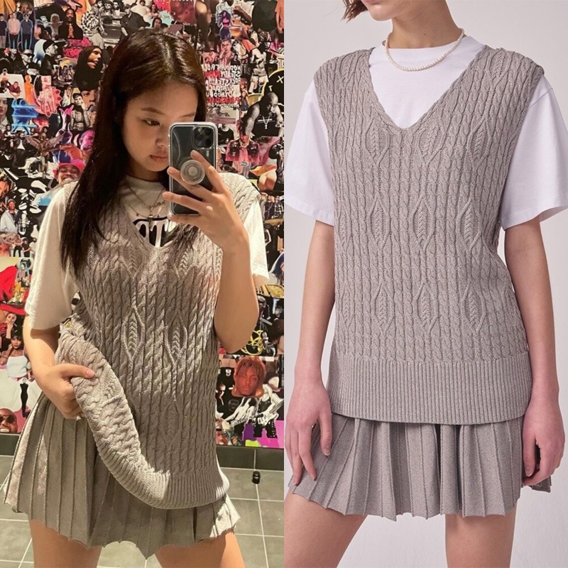 [BLACKPINK ジェニー着用]22SS リッチ ケーブル ニット ベスト[グレー] 韓国ファッション