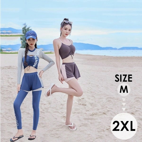 水着 レディース 長袖 長パンツ ヘソ出し スプリット ショーツ シュノーケリング ダイビング サーフィン セットアップ ブルー 日焼け防止 かわいい 競技 df051x0x0jc