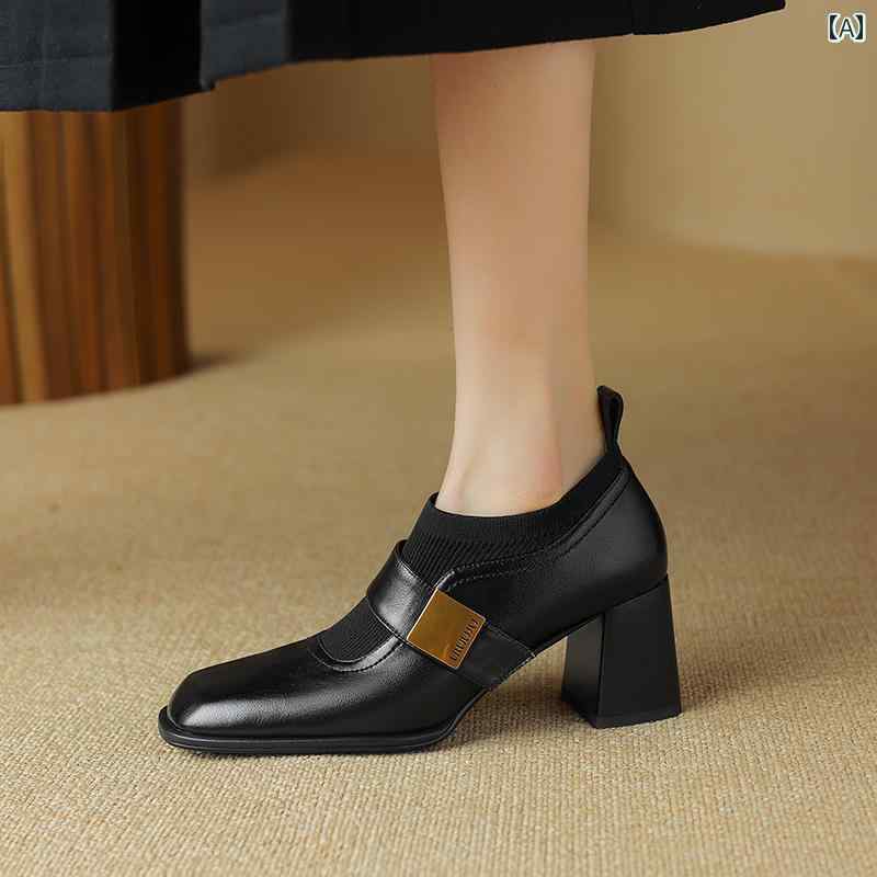 ローファー 通勤 革靴 レディース カジュアル 婦人靴 フランス レトロ 革 女性用 ハイヒール シューズ 深い 口 ニット ステッチ スクエアトゥ 太い ヒール ブーティー ローカット シングル シ