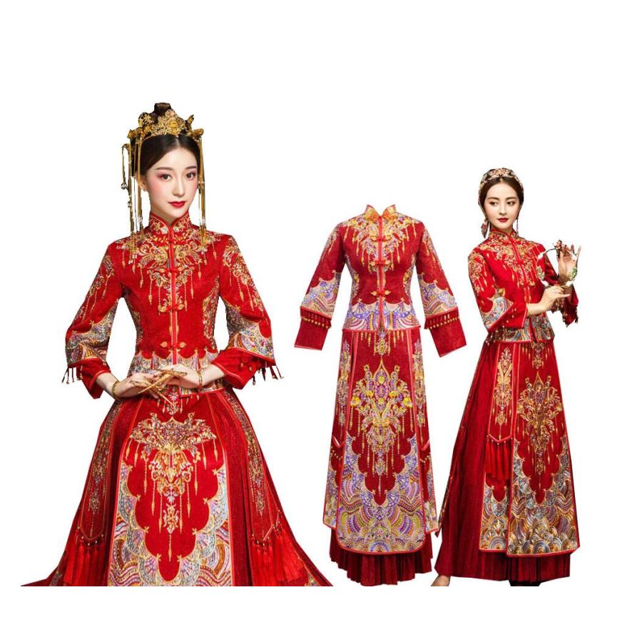 華やか中華服 中国風ウエディングドレス 上下二点セットアップ 赤 豪華チャイナ服 古典漢服唐装 花嫁ドレス 華流舞台ステージ衣装 チャイナ風コスプレ変
