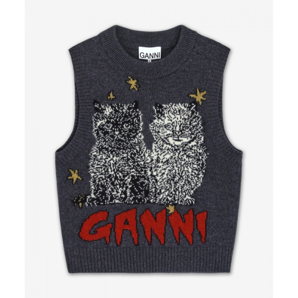 GANNI グラフィックウールミックスキャッツベスト-グレークイル/K2375084