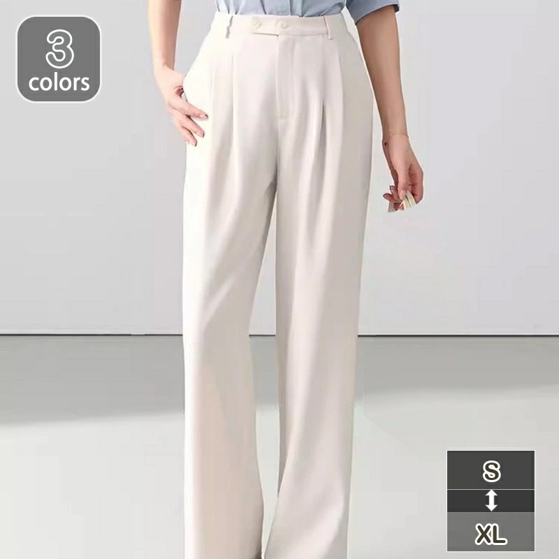 ワイドパンツ レディース ハイウエスト 2ボタン タック スラックス ストレート ロングパンツ ミセスファッション 春夏秋