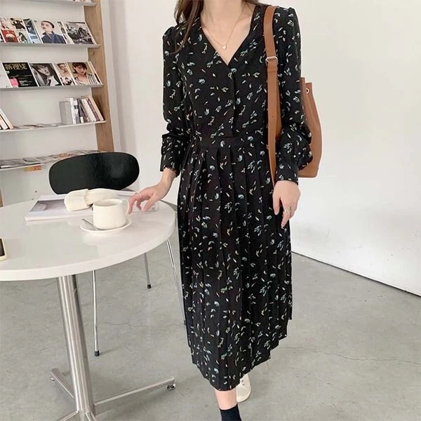 ワンピース レディース ワンピース Vネック 花柄 スリット マキシワンピース 秋 ロングワンピース 通勤 OL 韓国風 着痩せ