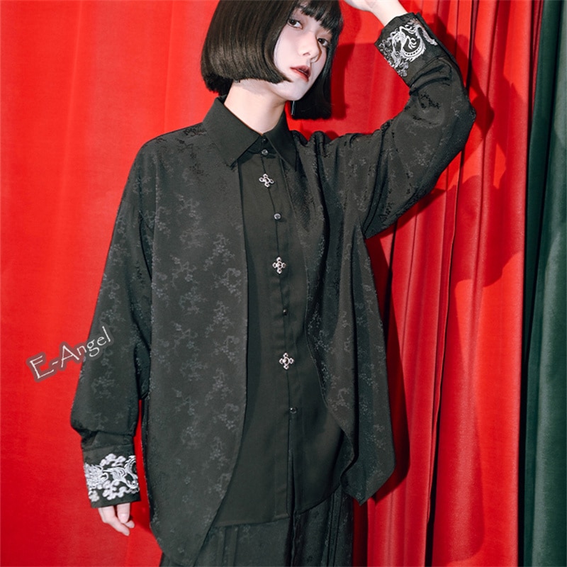 チャイナ風シャツ ブラウス 長袖 レディース 重ね着風トップス 梅花暗紋ジャガード 黒色 オリジナル龍紋刺繍袖口 アシンメトリー