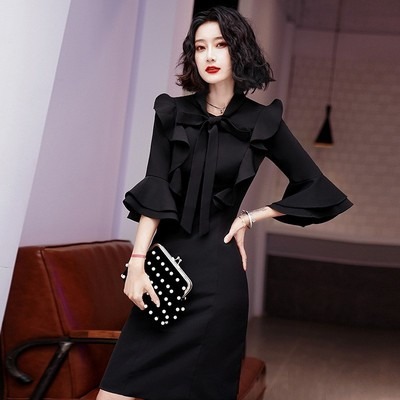 ワンピース ミディアム丈ワンピース ミディアム丈 5袖袖 ベルスリーブ フリル ウエストマーク リボン かわいい 大人可愛い きれいめ シンプル 上品 おしゃれ かっこいい レトロ こなれ感