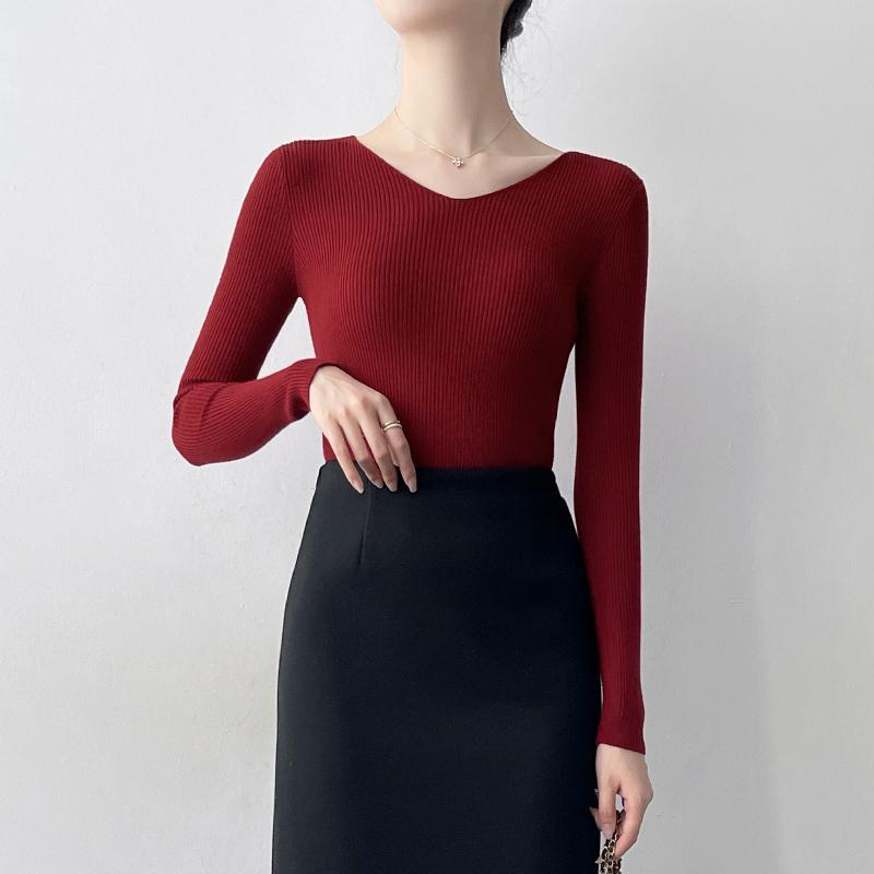 トップス シャツ タイト Vネック ニット レディース 秋冬 長袖 Tシャツ 高見え シンプル 上品 大人 シック ファッション