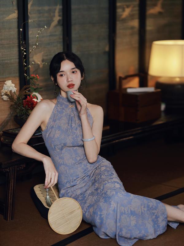 チャイナドレス レディース ワンピース レトロ ジャカード ウエスト ノースリーブ パープル