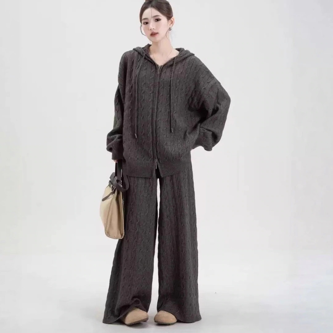 レトロな麻編みニットスーツ女性の秋冬ハットカーディガンワイドパンツ2点セットセットアップ