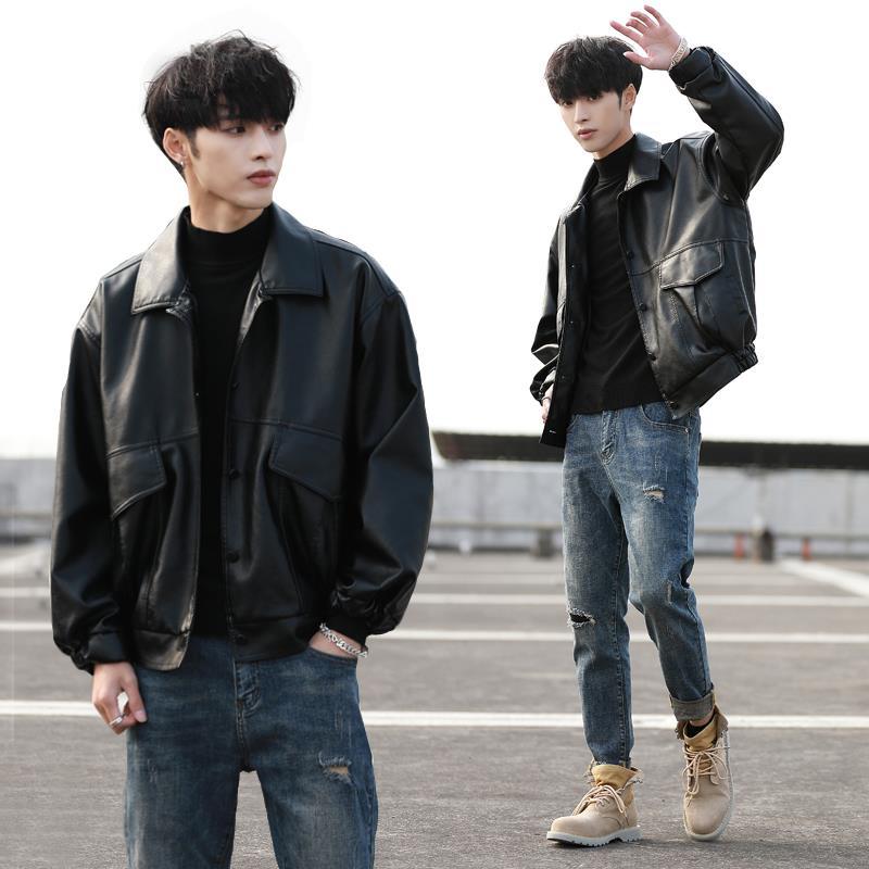 人气韓国ファッション メンズ ゆったり レザージャケット 裏起毛 ジャケット アウター 上着薄手厚手