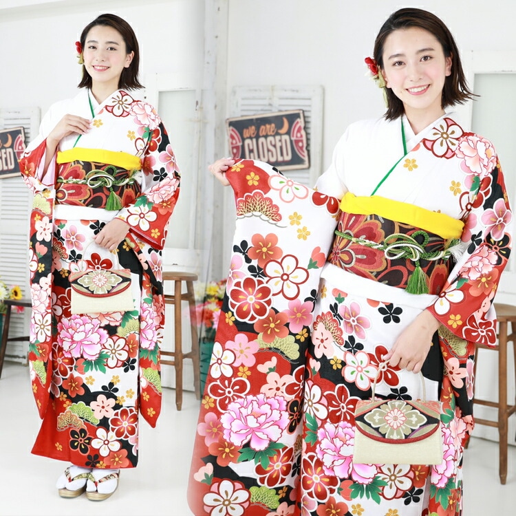 レンタル最大20日間 成人式 振袖 レンタル 20点フルセット 派手 白地に牡丹と梅 成人式 結婚式 フォーマル