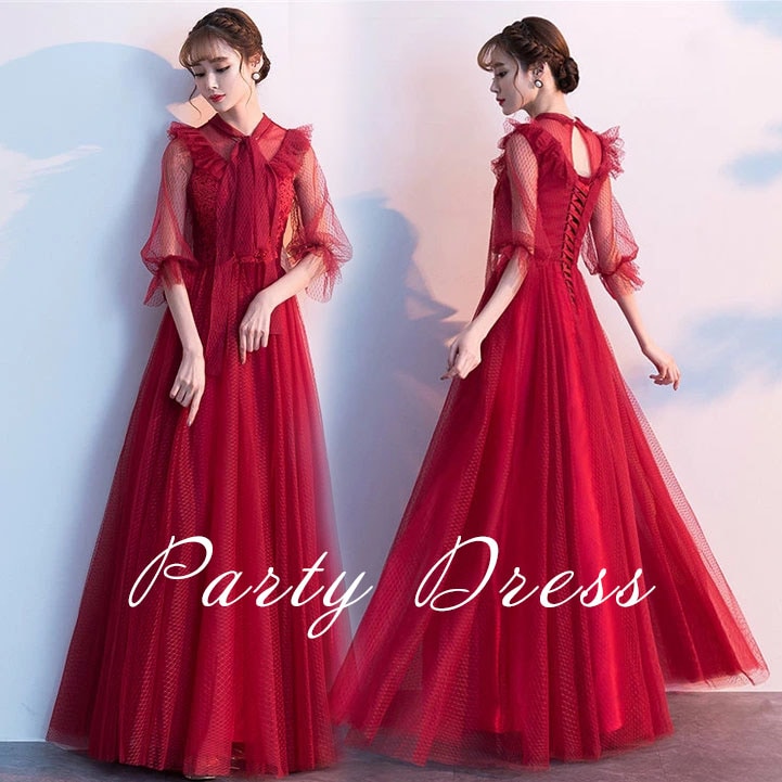 ドレス 大人 ピアノ 発表会 ロングドレス 演奏会 結婚式 母親 ドレス ピアノ発表会 袖付き ロング ドレスドレス ワインレッド レース 披露宴 大きいサイズ 小さいサイズ パーティー ワンピース