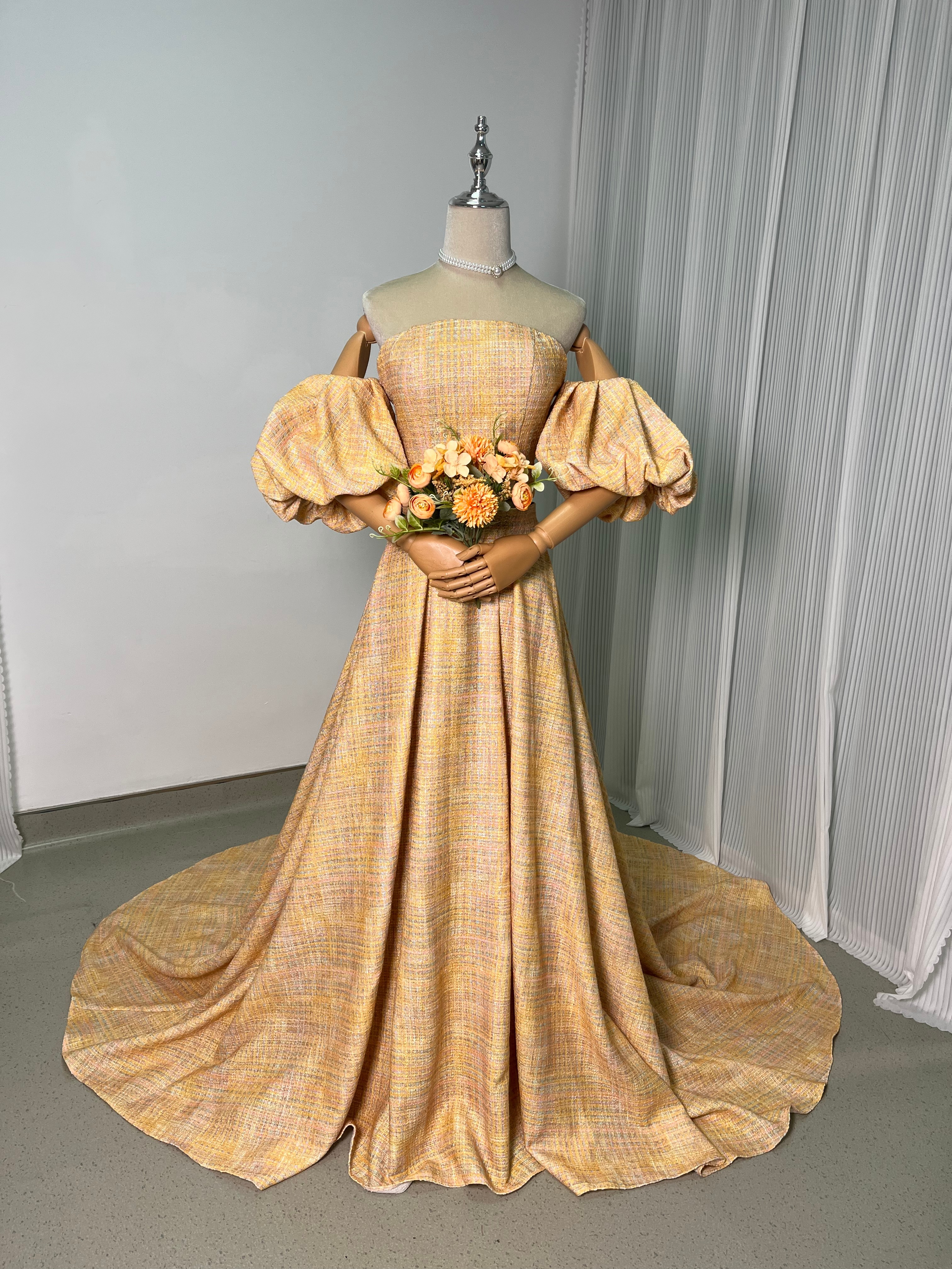 人気上昇！カラードレス イエロー ツイードドレス パフスリーブ スレンダーライン ファスナー 前撮り