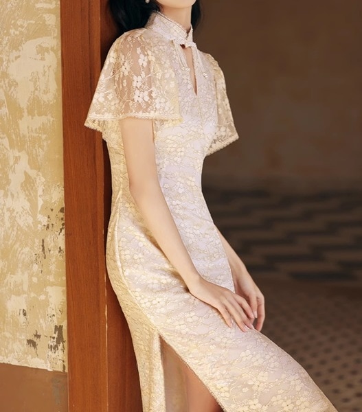 レース プリンセススリーブ ロングチャイナドレス レディース ワンピース ドレス 10代20代 レトロ 半袖 パイピング フィッシュテール ロング丈 ホルターネック 透け感 シースル サイドスリット