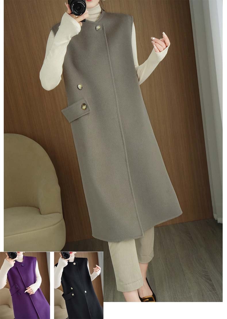 人気新品両面ウールベスト レディース 前開き ジレベスト トップス ロング レディース ロングジレ ラウンドネック ノースリーブ ウール ミモレ丈ベスト 秋冬 ベスト ３色 大きいサイズ ノースリーブ