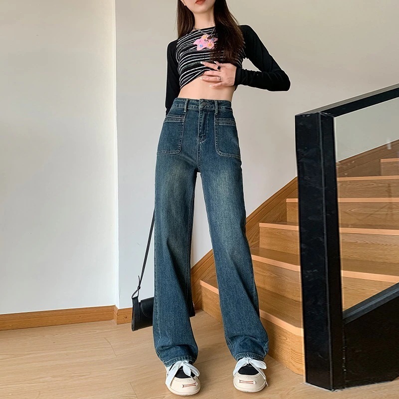 レディース秋冬レトロデニムパンツ韓国風ハイウエストデザインゆったりストレートドレープワイドレッグパンツ