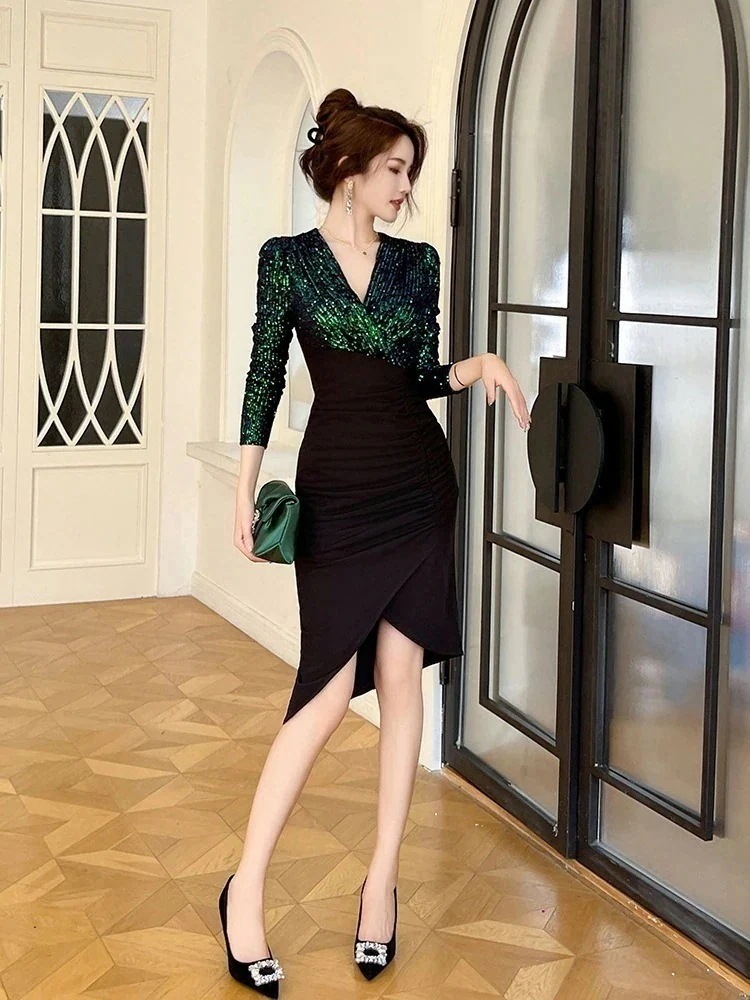 【JY.上品】 2025春冬 キラキラ ドッキング ワンピース タイトスカート パーティードレス 着痩せ 大人 お呼ばれ 同窓会 披露宴 卒業式 結婚式 ウェディング 二次会 成人式