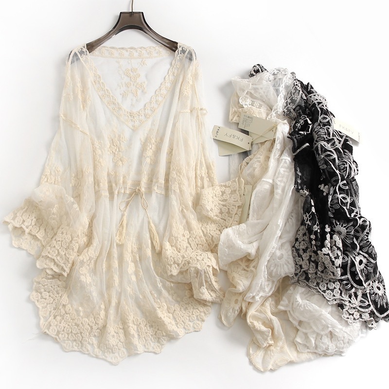 レディース トップス カーディガン 肌見せ 透け感 シースルー レース ロング 丈長 長袖 Vネック ワイド フレア 刺繍 チュール シフォン フリル リボン ウエストマーク ウエストリボン 前開き