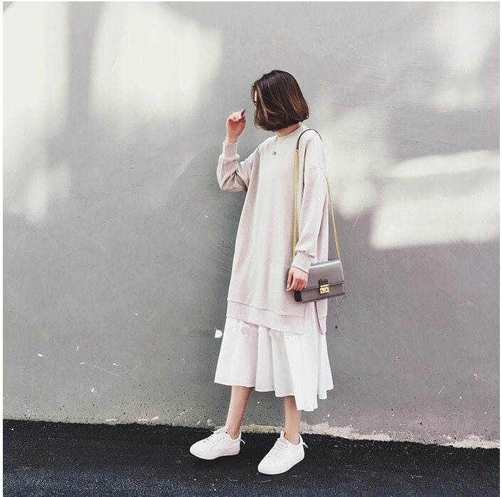 カジュアルオールインワン フェイクツーピースワンピ ルーズワンピース オーバーデザイン スカート ワンピース プルオーバー トレーナー オールインワン ロングスカート フレアスカート ロング ロング丈