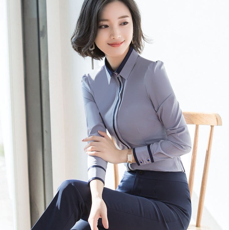 スリムシャツ オフィスシャツ オフィスカジュアル 長袖シフォンシャツ トップス シャツ ブラウス 袖あり 長袖 Vネック 襟付き スリム 細身 ストレート Iライン スマート シフォン 前開き