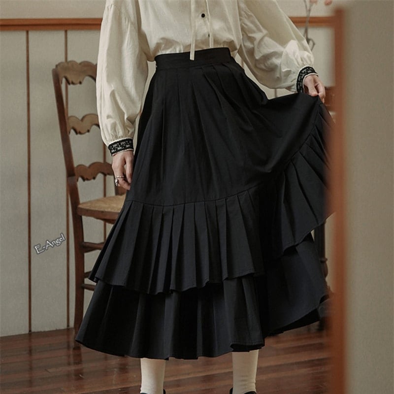 プリーツスカート ロング フリル スカート 黒 ボトムス レイヤードスカート 合わせやすい