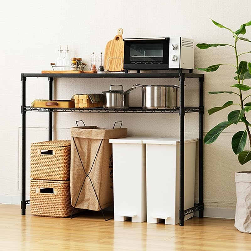 ドウシシャ ルミナス ノワール キッチンラック 棚 幅110 2段 スリムゴミ箱上ラック 全体耐荷重160kg 大型レンジ対応 レンジ台 炊飯器 作業台 オシャレな黒 コの字バー ウッドシェルフ 幅1