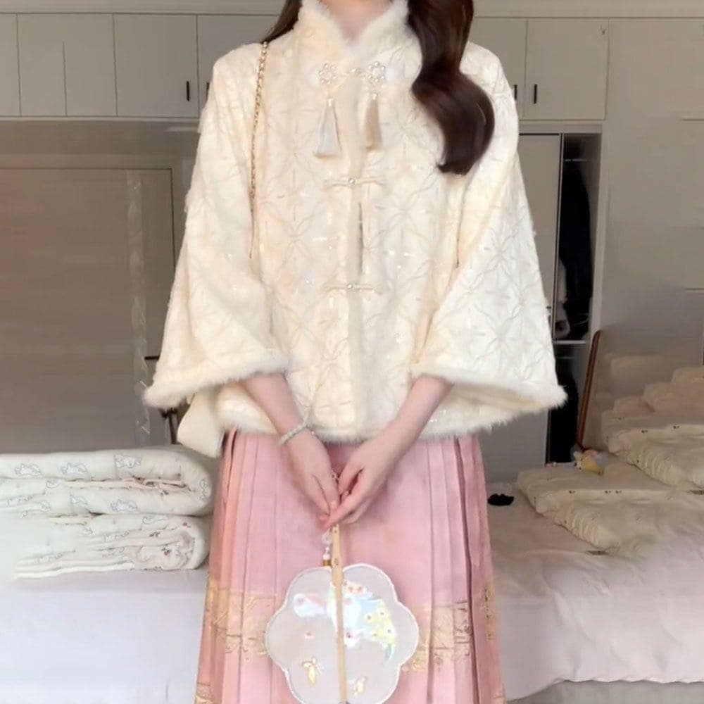 裏起毛ファッション 深冬服に新中式婦人服国風漢服のダウンと厚手のコートを組み合わせたピンクの馬面スカートセット 6,396円