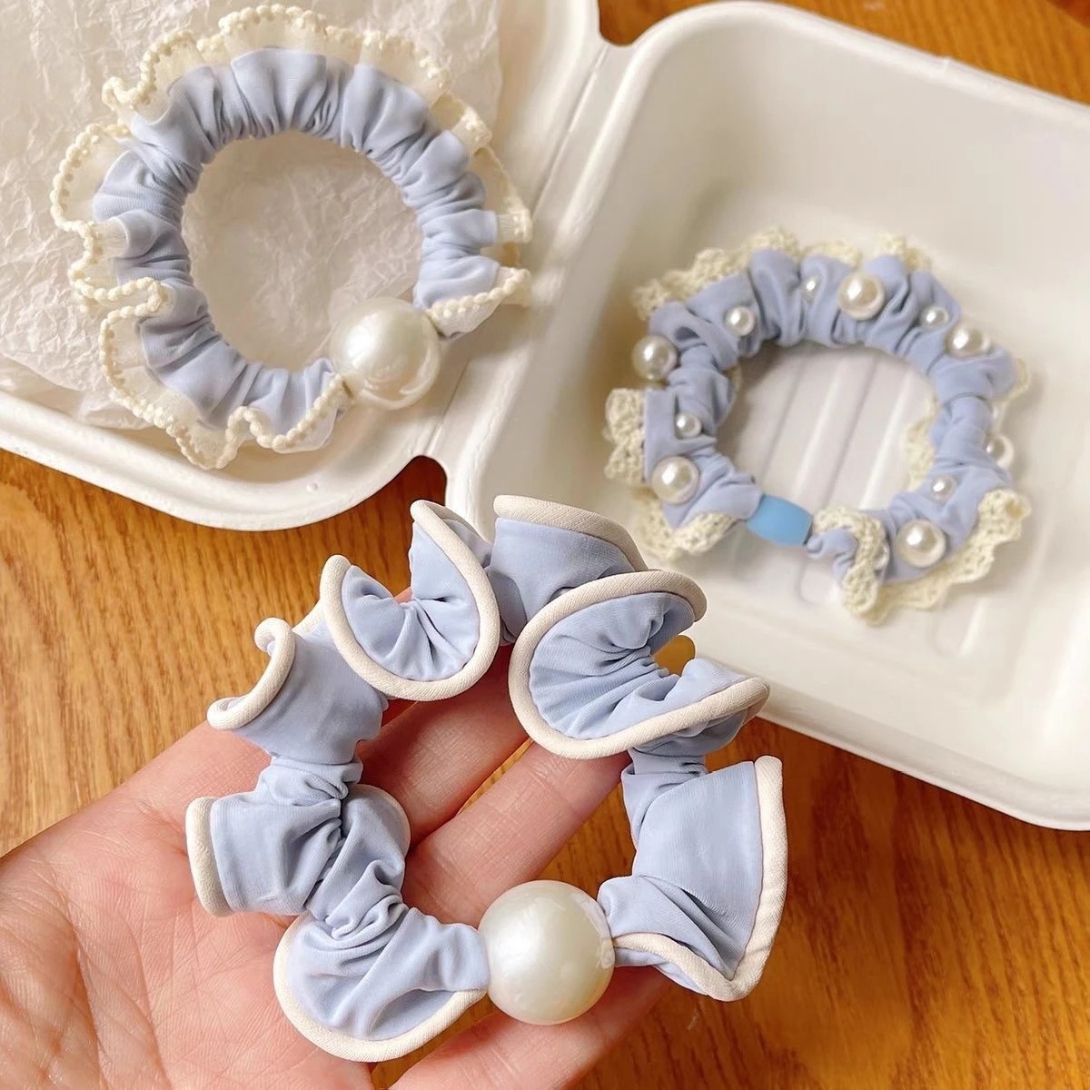 【1点ご購入 で10点プレゼントいたします】シンプルパール小腸シュシュ女性レースブルー髪ひも高弾力気質髪ひも高弾力ゴム