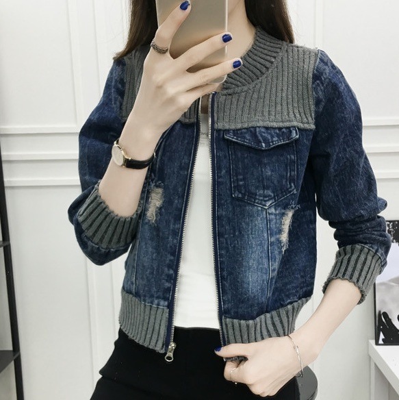 アウター ブルゾン ジャケット シャンパー Gジャン 上着 袖あり 長袖 Vネック アシンメトリー 切り替えデザイン ドッキング リブニット デニム ブルーデニム きれいめ シンプル カジュアル 大人