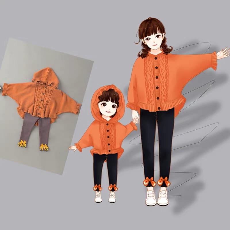 2019春新作 親子ペア カーディガン ニット 可愛いオレンジ