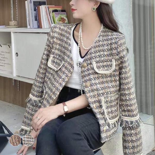 ジャケット ツイードジャケット 袖フリンジ 防寒 オフィスカジュアル シンプル 上品 大人可愛い 韓国 ファッション / 袖フリンジツイードジャケット