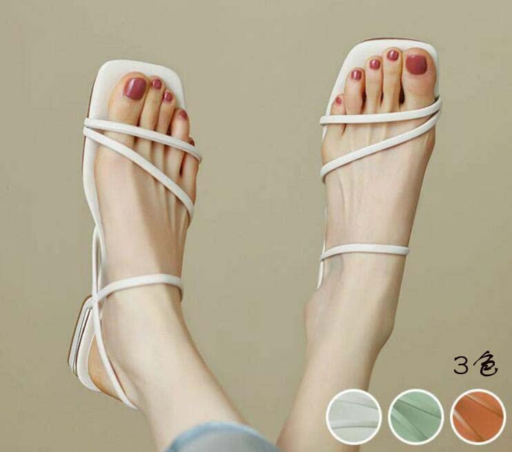 お急ぎください華奢ストラップサンダル チャンキーヒール ローヒール ナローストラップサンダル フェミニン ヌーディー 華奢 細紐 サンダル レディース かかと あり アンクルストラップ スクエアトウ