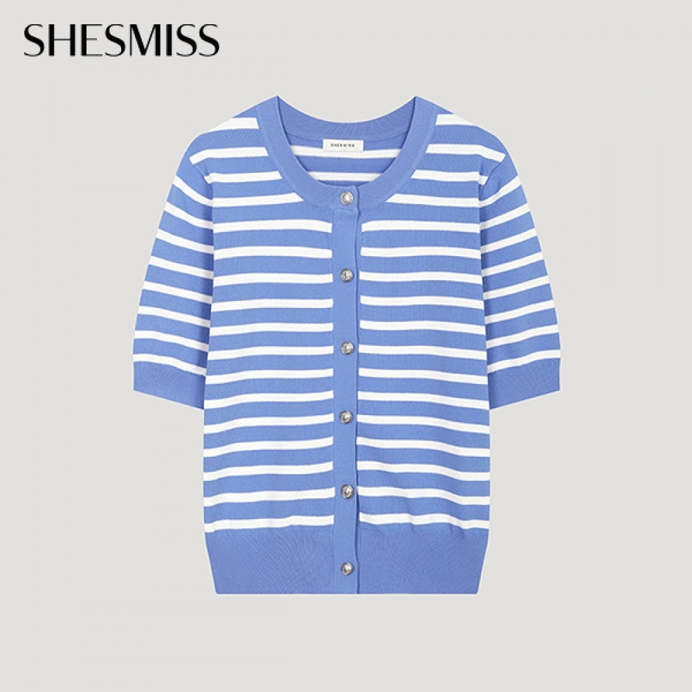 (Shes Miss) ストライプラウンドネックカーディガン_SSKCDO21520_BL