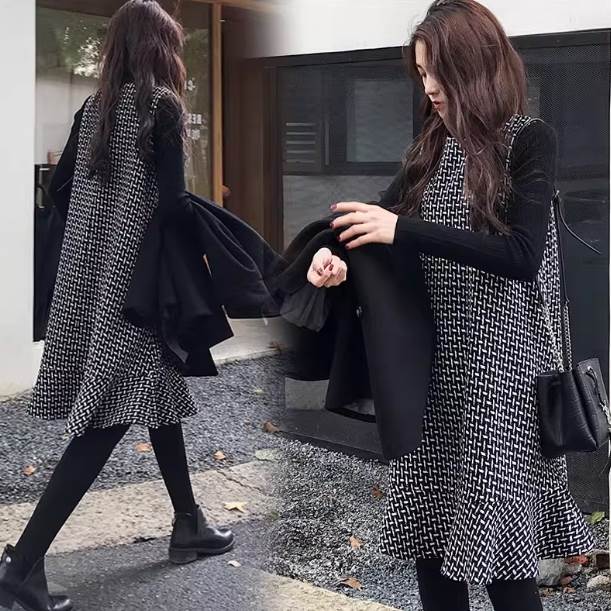 ツーピース セットアップ ワンピドレス 膝下 ロング ロング丈 袖あり 長袖 ラウンドネック 襟なし セミフレア Aライン 2点セット かわいい 大人可愛い きれいめ シンプル カジュアル 上品 おし