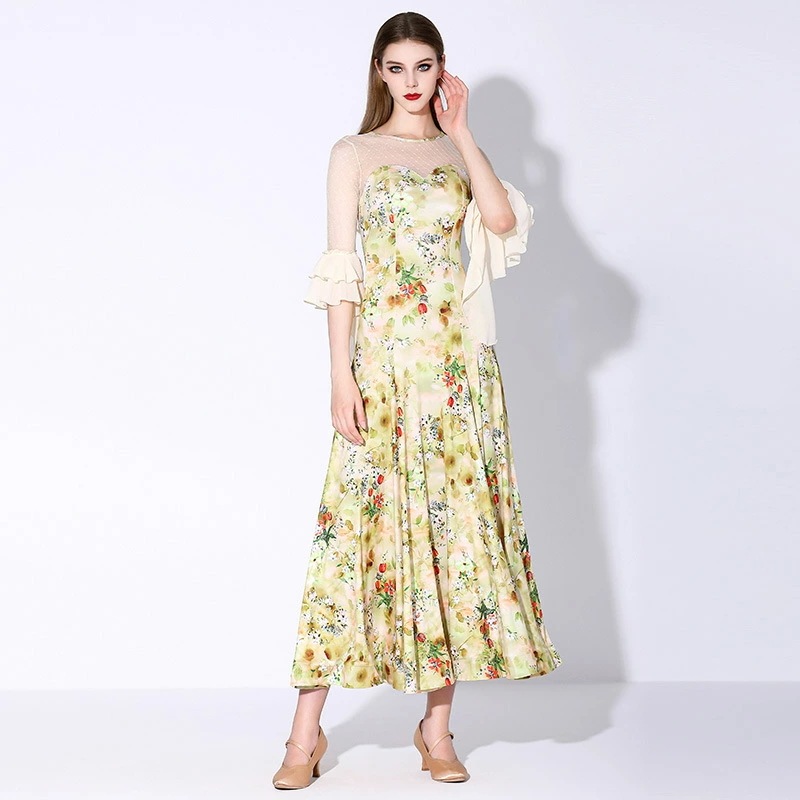 全4色 社交ダンスドレス 社交ダンス衣装 プリント花柄 イエロー ワイン赤 ブルー パープル モダンダンス モダン ドレス 花柄 フレア フリル 可愛い オシャレ ダンスウェア ボールルーム衣装 ワル