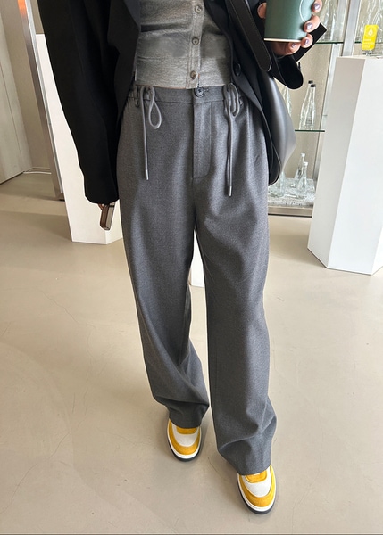 ハイエンドでエレガントな巾着ゴムウエストスリムウールスーツパンツ女性用グレーワイドレッグストレートパンツ