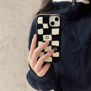 タオル刺繍黒と黄色のチェットク柄スマイリーフェイス iphone15 iphone 12 に適した 13/14pro max 携帯電話ケース落下防止セット