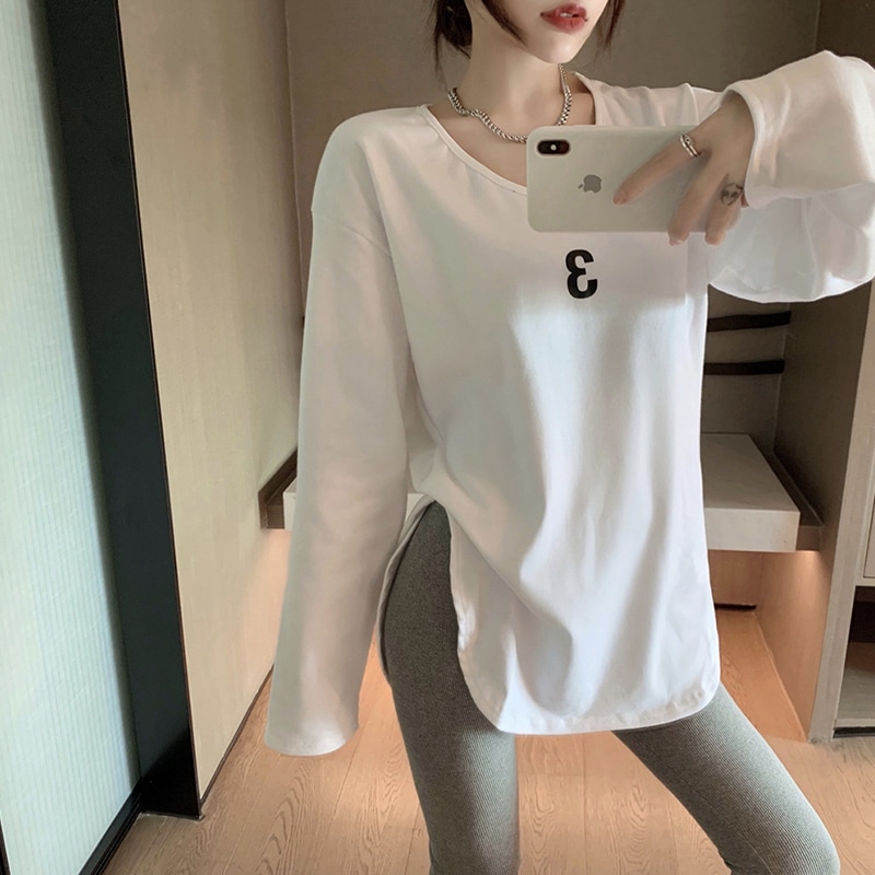 オーバーTシャツ スリット入り 文字入り ホワイト トップス Tシャツ シャツ 長袖 スリム 細身