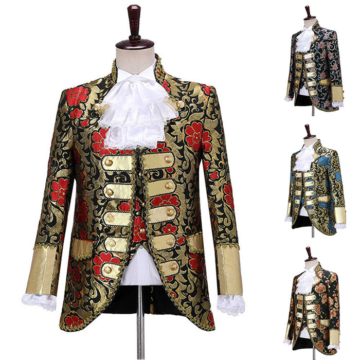 メンズスーツ ステージ 演出服 上下セット ジャケット ベスト ズボン 立ち襟 欧米風 宮廷衣装 演劇 舞台衣装 紳士服 王子様 コスプレ ハロウイン コスチューム 変装 仮装 花柄 総柄 新年会 発 5,118円