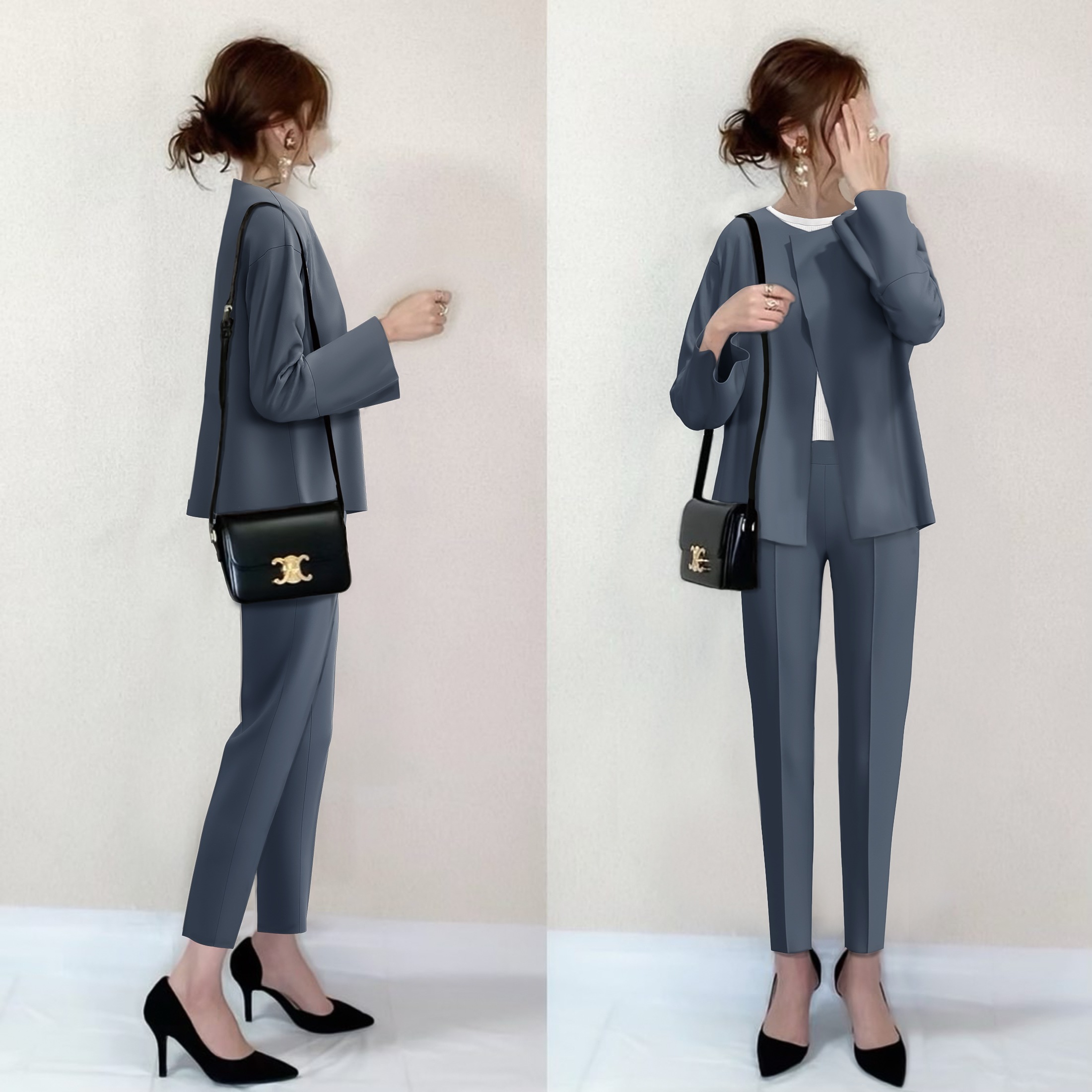 【輝いて超人気】 目立つ目を惹くビジネス無地スーツジャケット+ハイウエスト仕事パンツセット 2点SET
