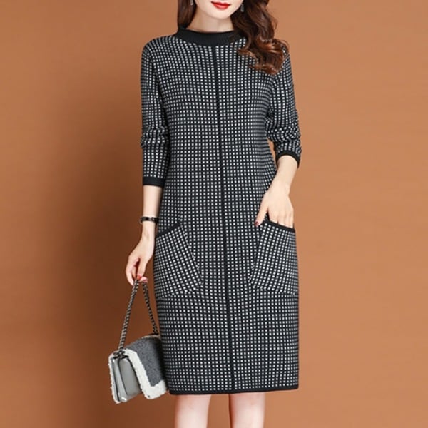 【カワイイ】 エレガント チェック柄 Aライン 切り替え ラウンドネック ニットワンピース