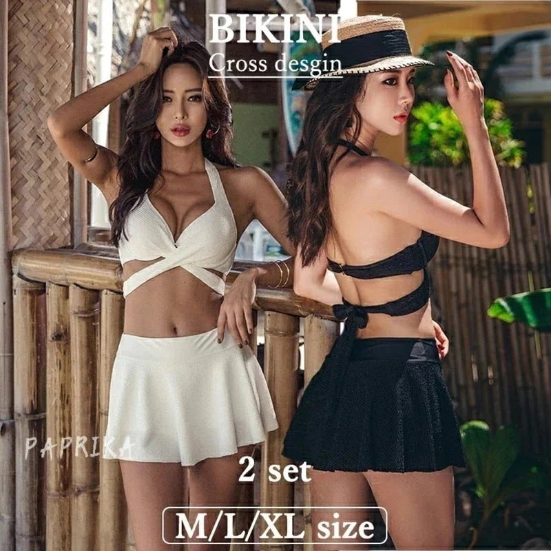 【1つ買うと10つ無料】水着 盛れる ビキニ スカート セクシー レディース 温泉水着 クロスデザイン 2点セット みずぎ パッド付き ワイヤー入り 小胸 谷間 ホルターネック 美バスト カシュクール