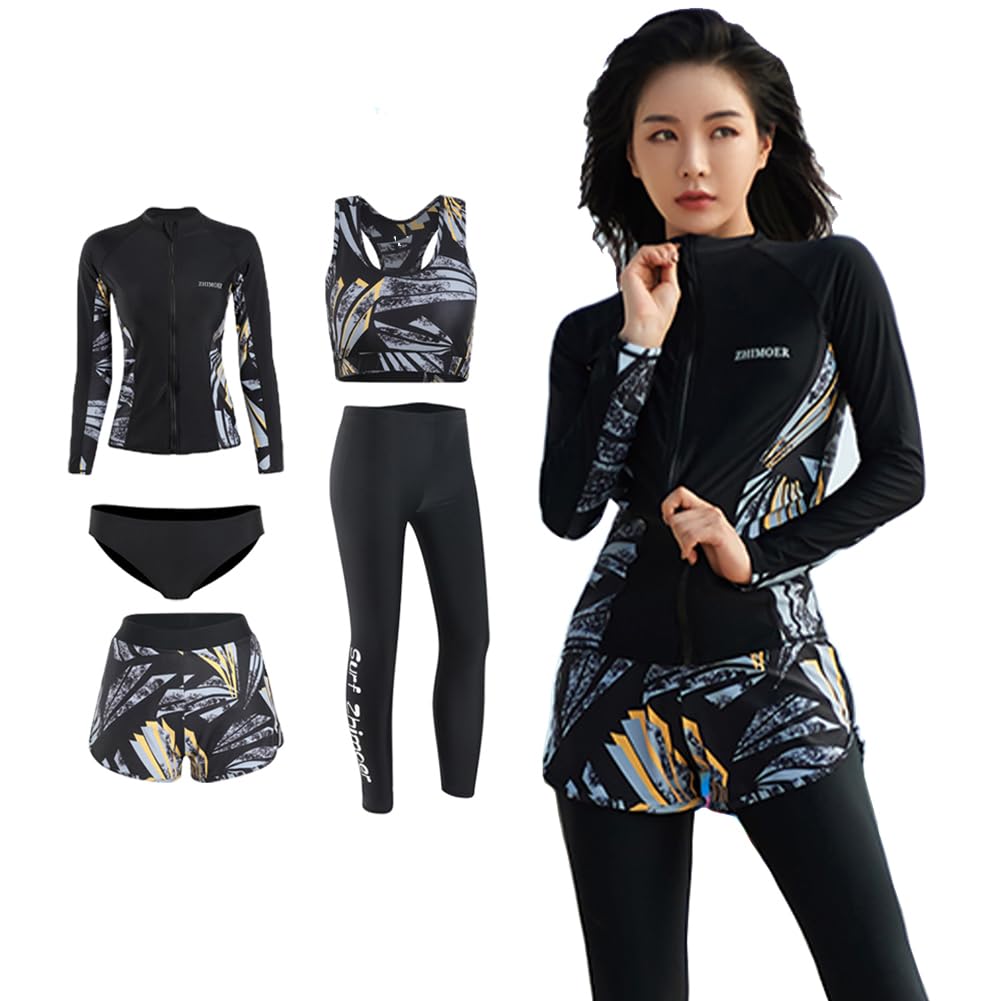 [ANGJ] レディース 水着 フィットネス水着 5点セット UVカット ワンピース水着 体型カバー タンキニ 競泳 女性水着 スポーティー 水陸両用 日焼け止め