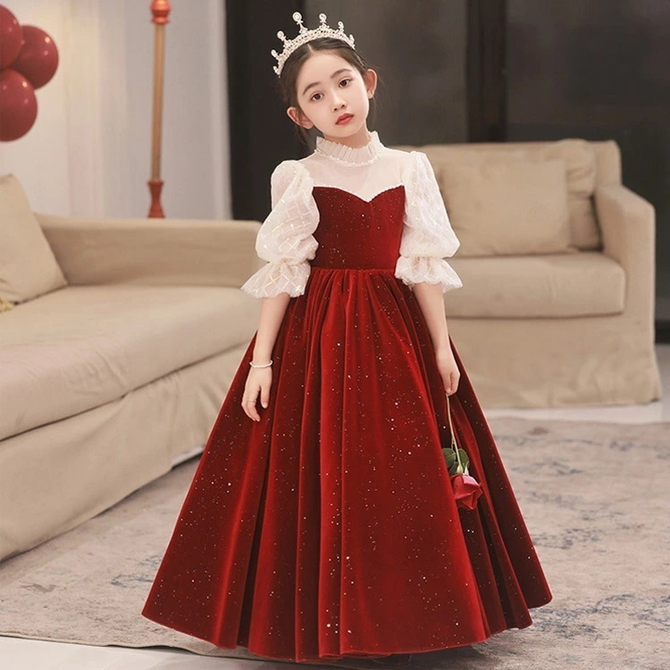 子供ドレス ワイン赤 ベロア ベルベット ロングドレス 女の子 女児ドレス 立ち襟 パール オシャレ キッズドレス パフスリーブ ピアノ発表会ドレス 演奏会ドレス ロング ワインレッド フォーマル 1