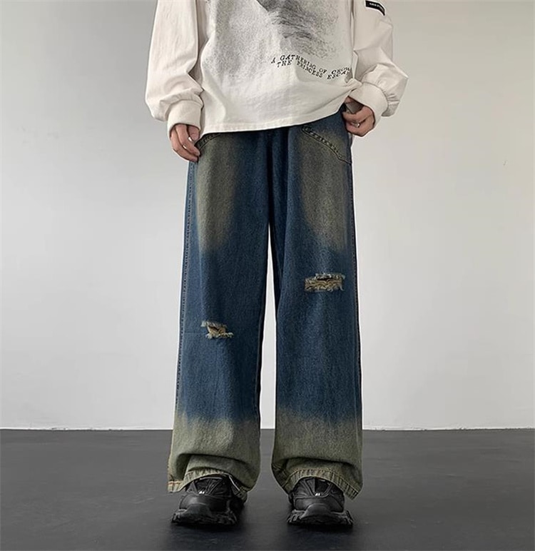 チャーミングなイケメン ストレート グラデーション ダメージデニムパンツ 染め テーパードパンツ