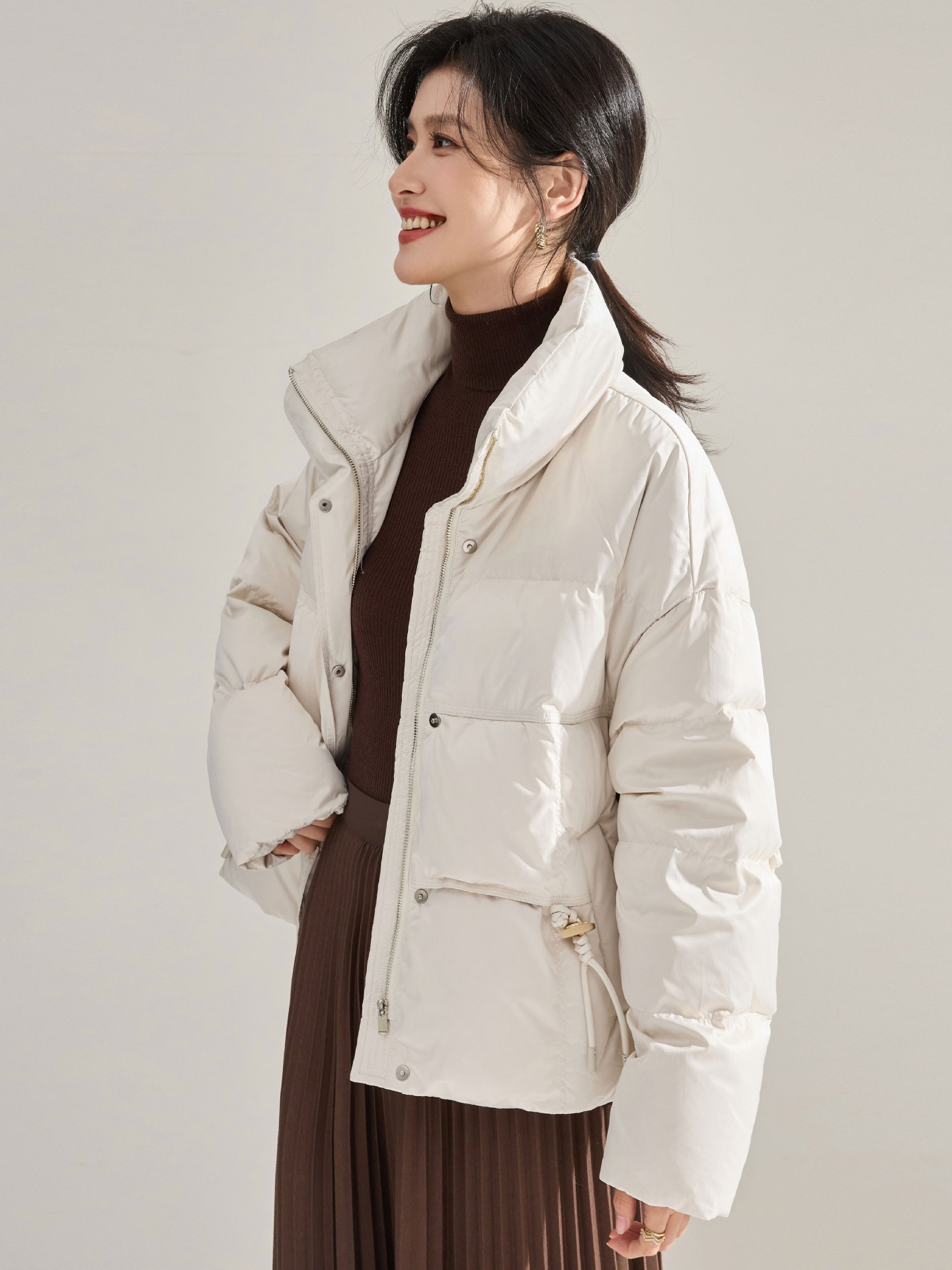 24秋冬新韓国風コイル編みロープ高級感サテン光沢スタンドカラー厚手ダウン15,982