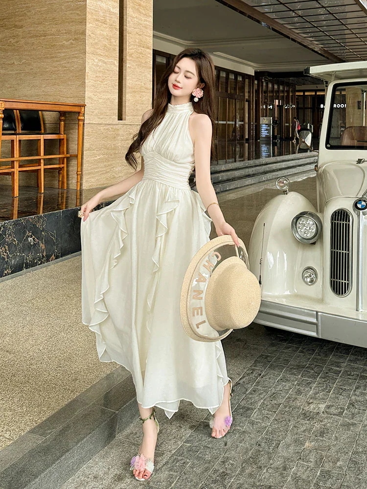 【JY.上品】 2025夏新品 ホルダーネック シフォンワンピース フリル お姫様 リゾート ボヘミア ドレス パーティー キャバ 大人 同窓会 披露宴 卒業式 結婚式 演奏会 ウェディング 二次会
