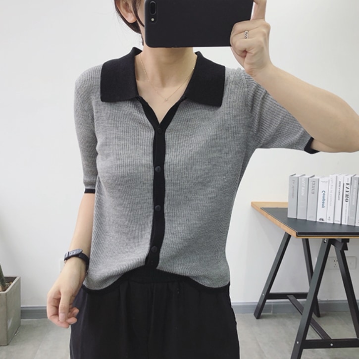 トップス シャツ 袖あり 5分袖 五分袖 襟付き ストレート Iライン リブ 前開き 伸縮性 サマーニット 薄手 かわいい 大人可愛い シンプル カジュアル 大人 上品 おしゃれ お洒落 大人可愛い 5,253円