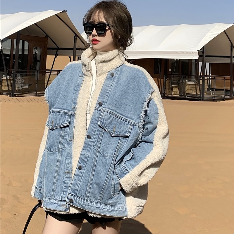 アウター レディース ジャケット S M L XL 2XL 韓国 ツートンカラー もこもこ デニムジャケット ワイド もこもこ 長袖 タートルネック ボア かわいい 大人可愛い きれいめ シンプル