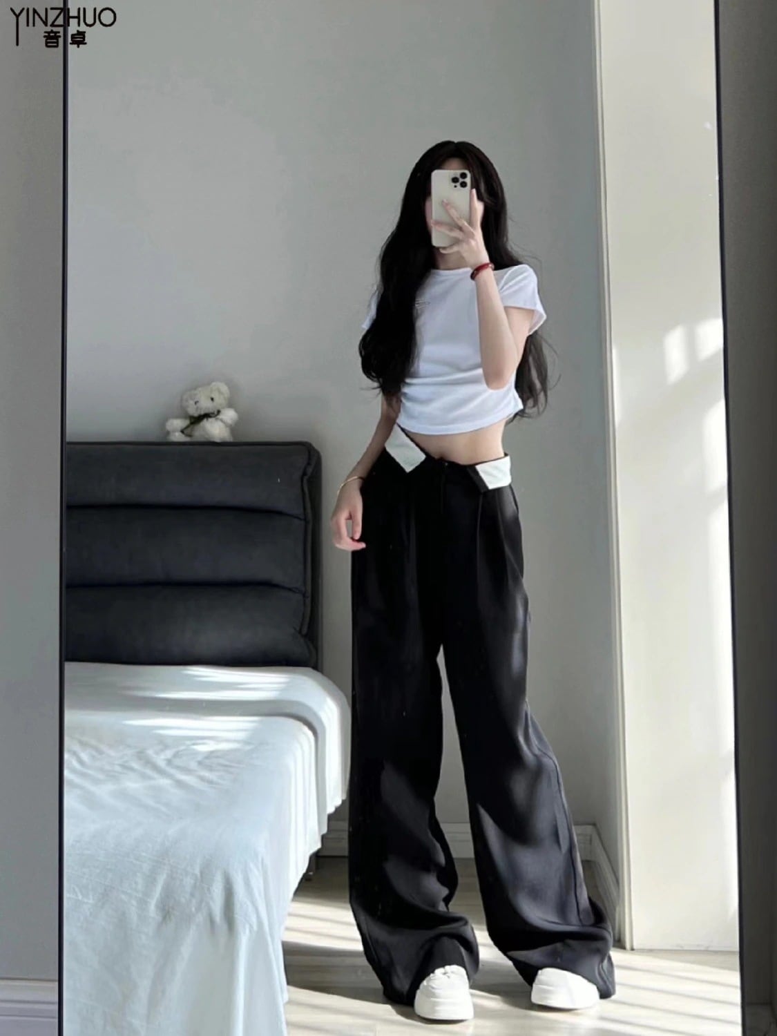 ワイドパンツ 黒のサイドダウン感新型ハイウエストスリムストレートパンツ涼しく楽ちんセットアップ 脚長効果！スキニーデニムパンツ