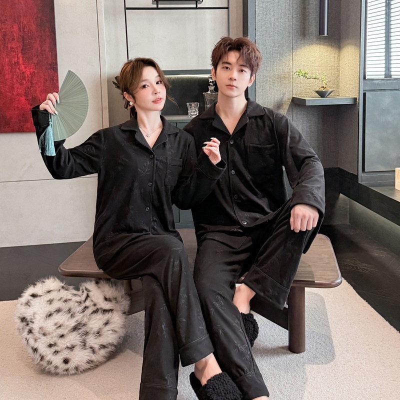 春と秋のカップルパジャマレディース秋と冬長袖カーディガン襟付きカジュアルプリントドイツフリースメンズホームウェア